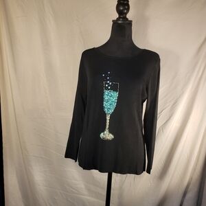 Chic Lucia Burns Black Long Sleeve Top with Sequin Champagne Design - L